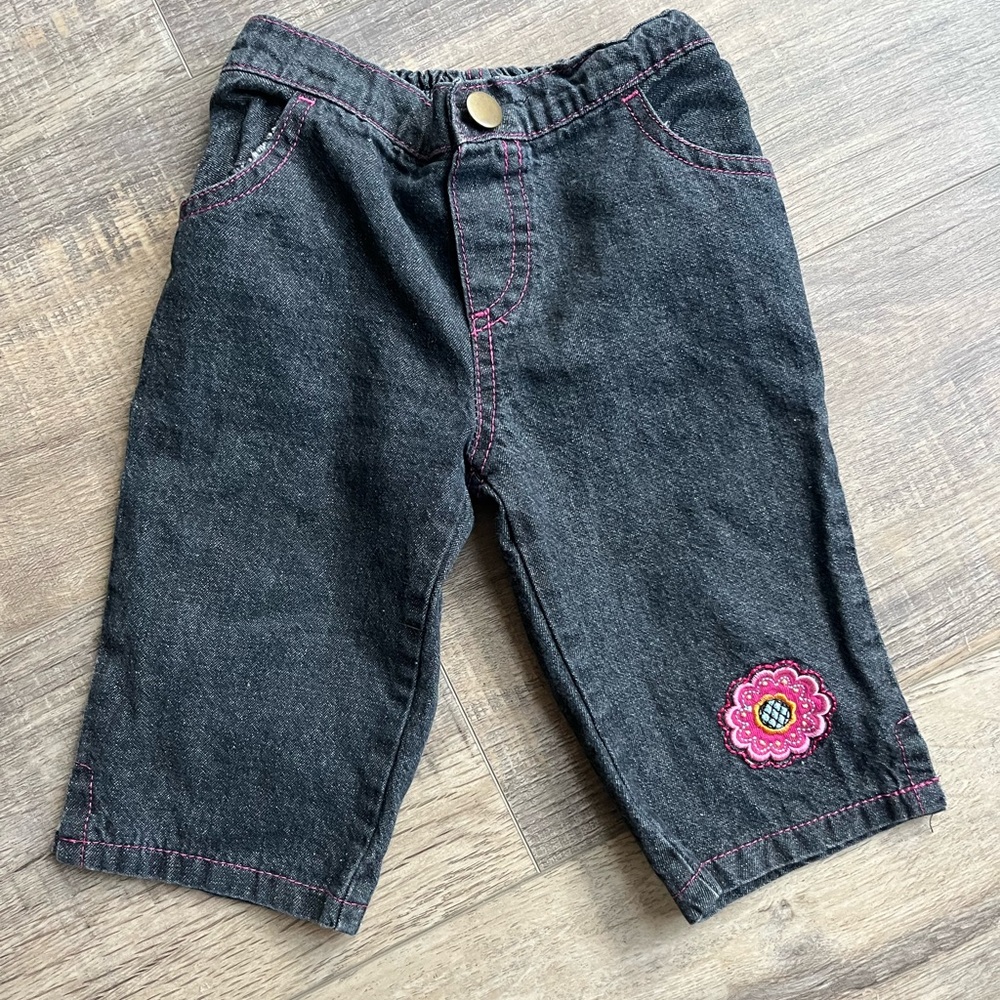 Vintage Dark Denim Kids Bottoms with Pink Embroidery